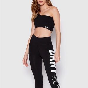 DKNY Sport Double Layer One-Shoulder Mesh Combo Bralette in Black New w/Tag